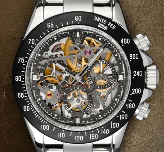 The skeleton dial allows the timepiece to enjoy the movement.