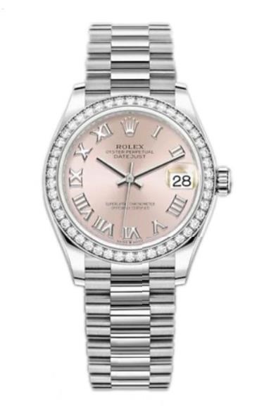 The 18ct white gold fake watch has a pink dial.
