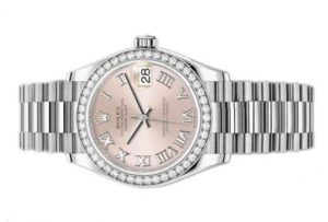 The pink dial fake watch is designed for women.
