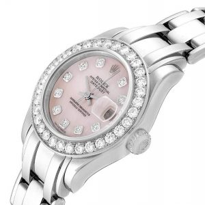 The pink dial fake watch is decorated with diamonds.